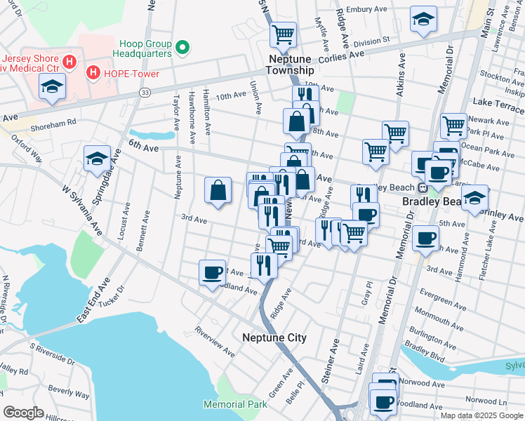 map of restaurants, bars, coffee shops, grocery stores, and more near 717 New Jersey 35 in Neptune City