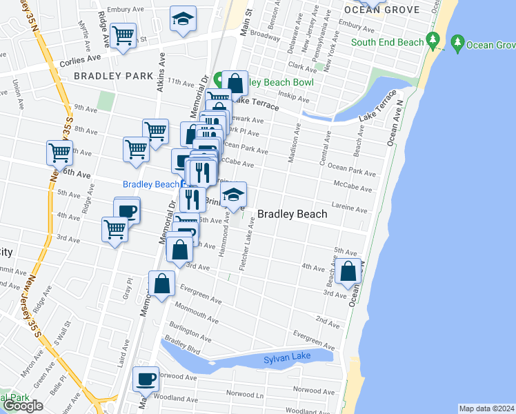 map of restaurants, bars, coffee shops, grocery stores, and more near 605 1/2 Fletcher Lake Avenue in Bradley Beach