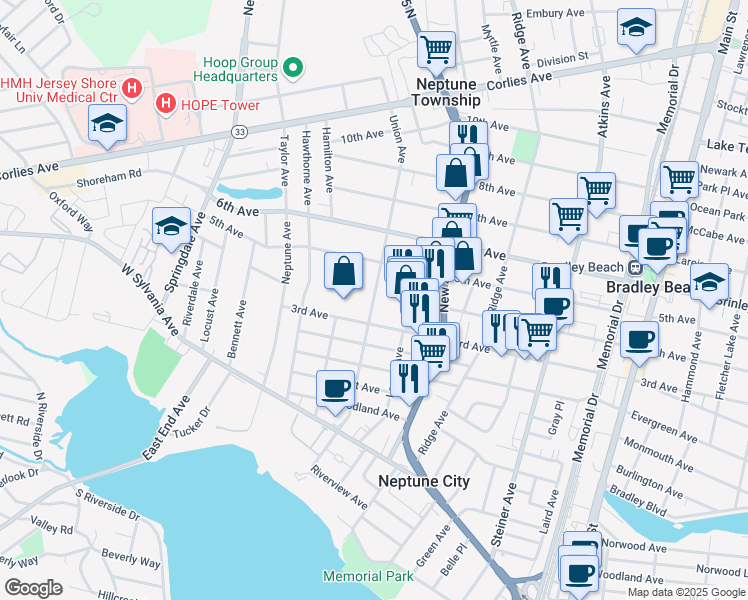 map of restaurants, bars, coffee shops, grocery stores, and more near 96 Union Avenue in Neptune City
