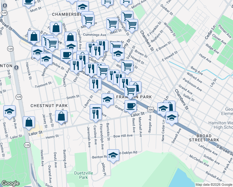 map of restaurants, bars, coffee shops, grocery stores, and more near 1272 South Broad Street in Trenton
