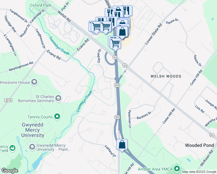 map of restaurants, bars, coffee shops, grocery stores, and more near 1547 Kellogg Drive in Ambler