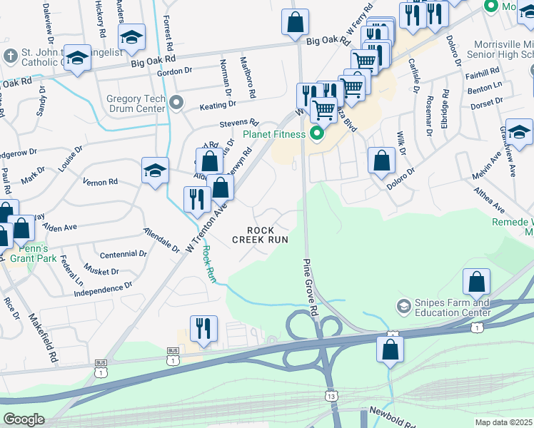 map of restaurants, bars, coffee shops, grocery stores, and more near 7 Greenwood Road in Yardley