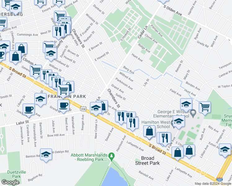 map of restaurants, bars, coffee shops, grocery stores, and more near 402 Samuel Street in Trenton