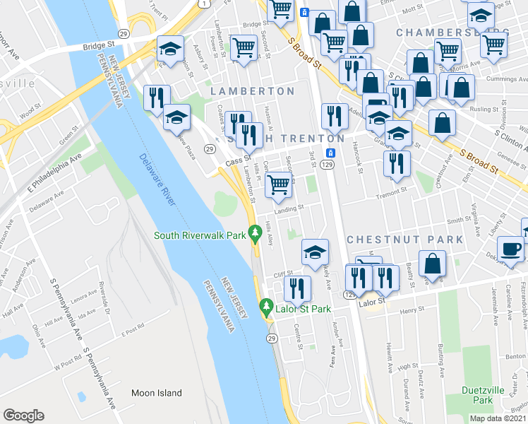 map of restaurants, bars, coffee shops, grocery stores, and more near 14 Landing Street in Trenton