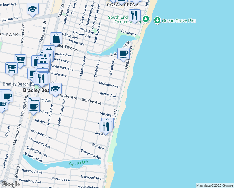 map of restaurants, bars, coffee shops, grocery stores, and more near 705 Ocean Avenue in Bradley Beach