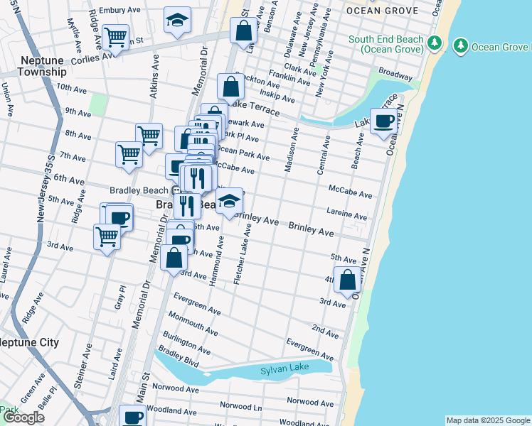 map of restaurants, bars, coffee shops, grocery stores, and more near 406 Brinley Avenue in Bradley Beach