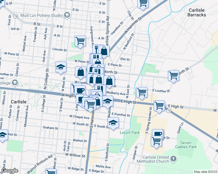 map of restaurants, bars, coffee shops, grocery stores, and more near 65 East Louther Street in Carlisle