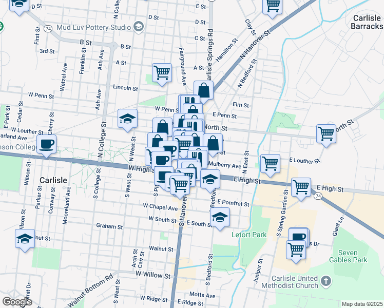 map of restaurants, bars, coffee shops, grocery stores, and more near 4 East Louther Street in Carlisle