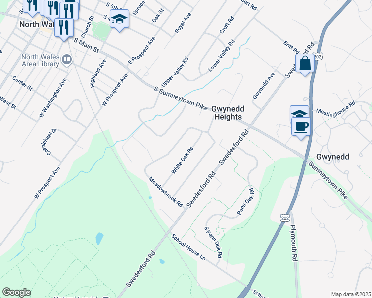 map of restaurants, bars, coffee shops, grocery stores, and more near 108 White Oak Road in North Wales