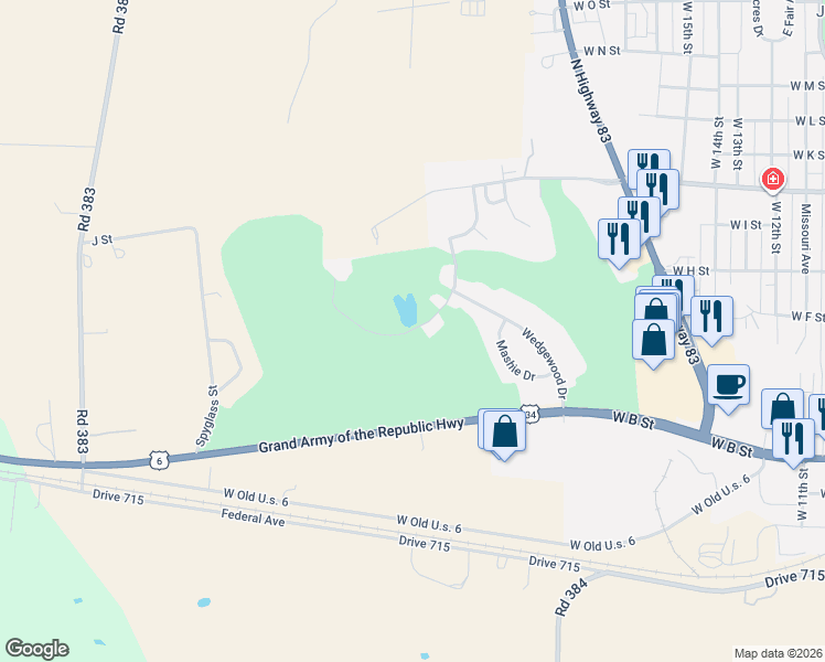 map of restaurants, bars, coffee shops, grocery stores, and more near Club House Drive in McCook