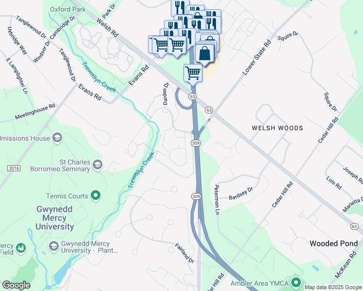 map of restaurants, bars, coffee shops, grocery stores, and more near 1547 Kellogg Drive in Ambler