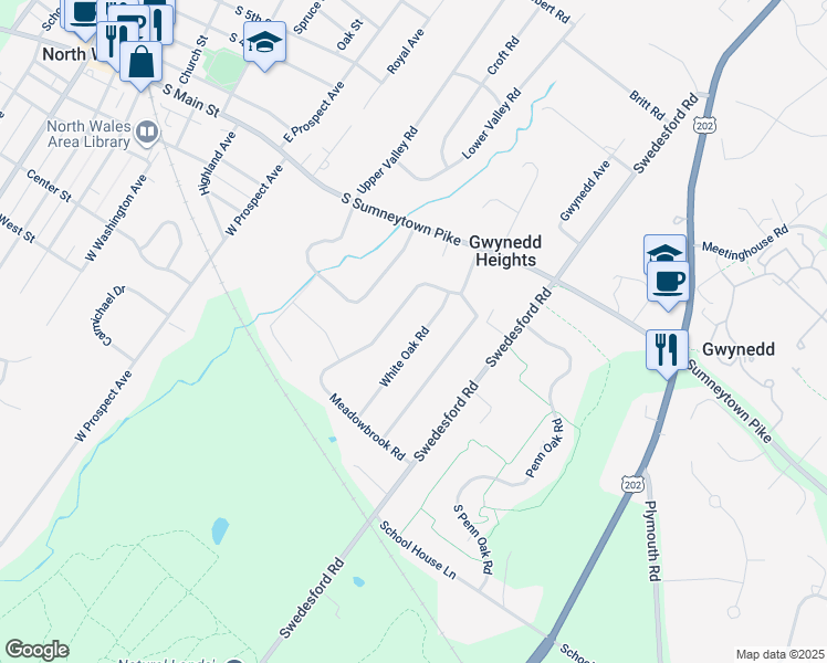 map of restaurants, bars, coffee shops, grocery stores, and more near 108 White Oak Road in North Wales