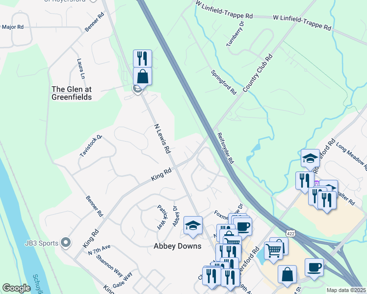 map of restaurants, bars, coffee shops, grocery stores, and more near 3 Joac Circle in Royersford