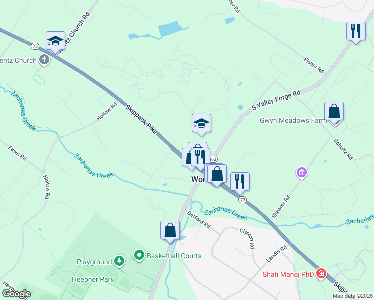 map of restaurants, bars, coffee shops, grocery stores, and more near 3021 West Skippack Pike in Lansdale