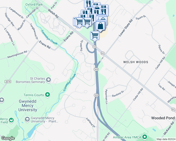 map of restaurants, bars, coffee shops, grocery stores, and more near 1545 Kellogg Drive in Ambler