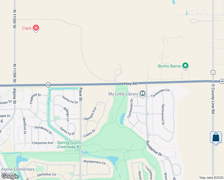 map of restaurants, bars, coffee shops, grocery stores, and more near 2438 Calais Drive in Longmont