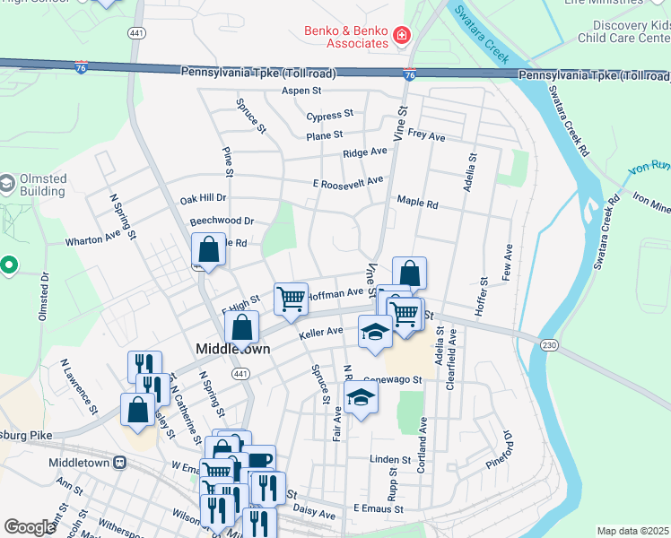 map of restaurants, bars, coffee shops, grocery stores, and more near 305 East High Street in Middletown