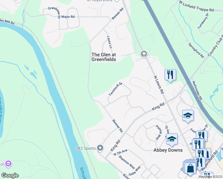 map of restaurants, bars, coffee shops, grocery stores, and more near 336 Tavistock Drive in Royersford