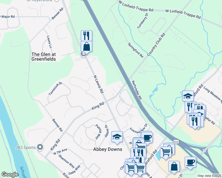 map of restaurants, bars, coffee shops, grocery stores, and more near 3 Joac Circle in Royersford