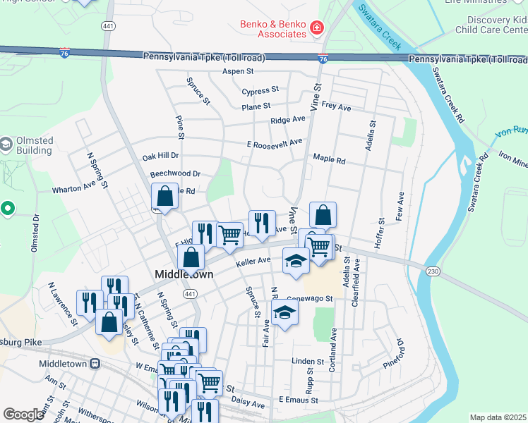 map of restaurants, bars, coffee shops, grocery stores, and more near 305 East High Street in Middletown