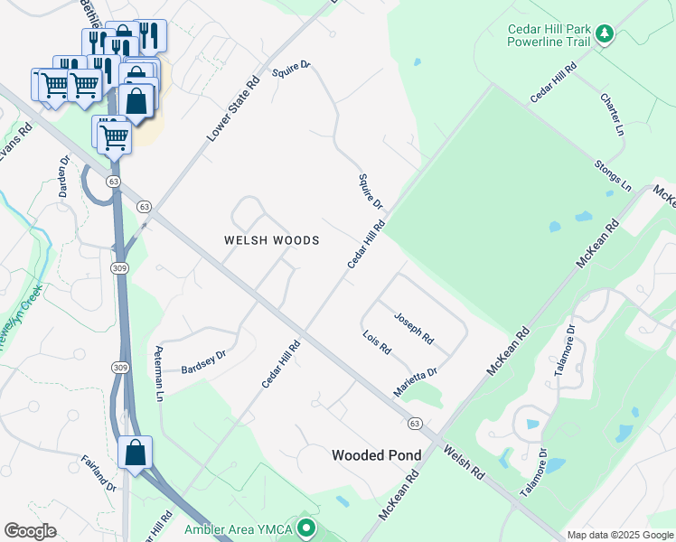 map of restaurants, bars, coffee shops, grocery stores, and more near 718 Cedar Hill Road in Ambler
