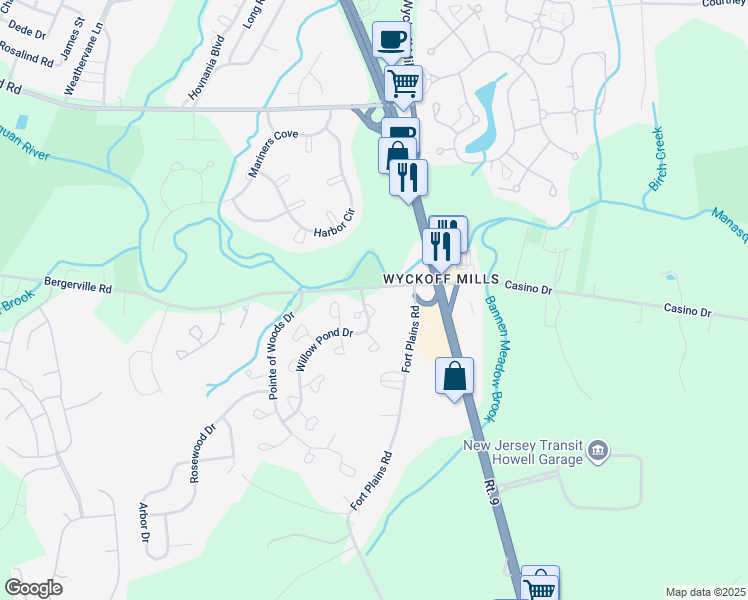 map of restaurants, bars, coffee shops, grocery stores, and more near 2 White Oak Court in Howell Township