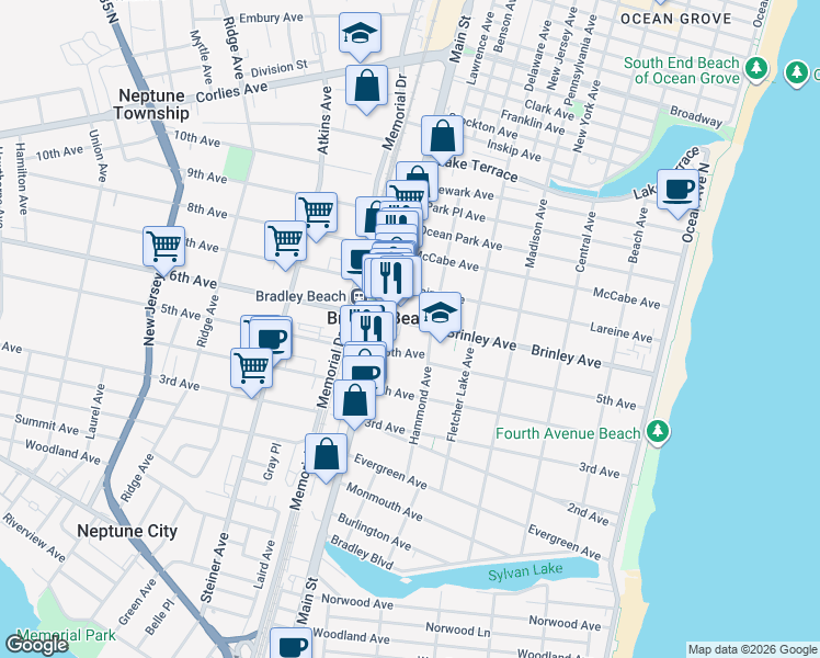 map of restaurants, bars, coffee shops, grocery stores, and more near 615 Brinley Avenue in Bradley Beach