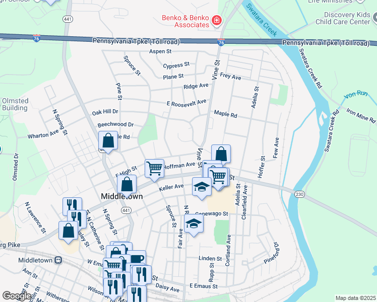map of restaurants, bars, coffee shops, grocery stores, and more near 347 East High Street in Middletown
