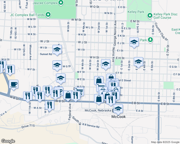 map of restaurants, bars, coffee shops, grocery stores, and more near 401 West F Street in McCook