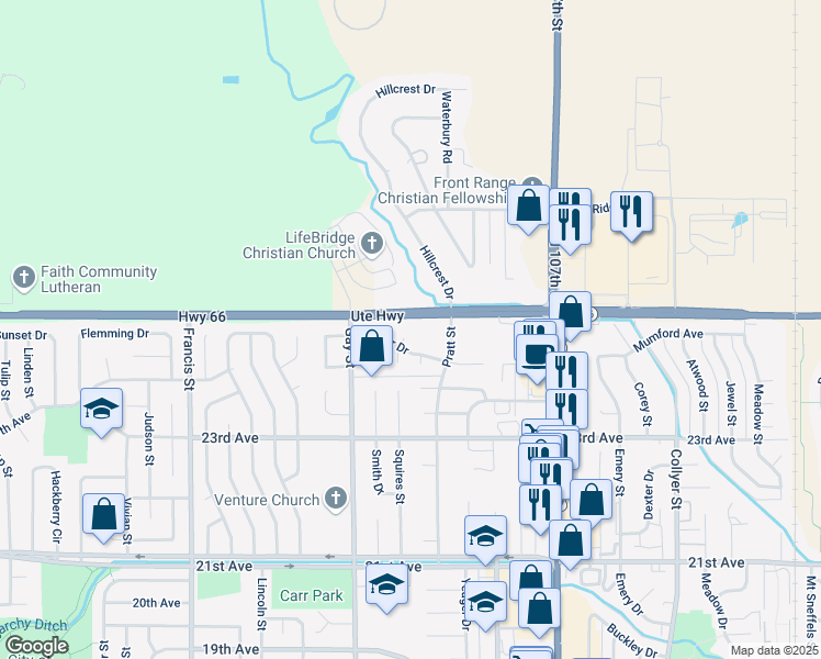 map of restaurants, bars, coffee shops, grocery stores, and more near 2444 Scott Court in Longmont
