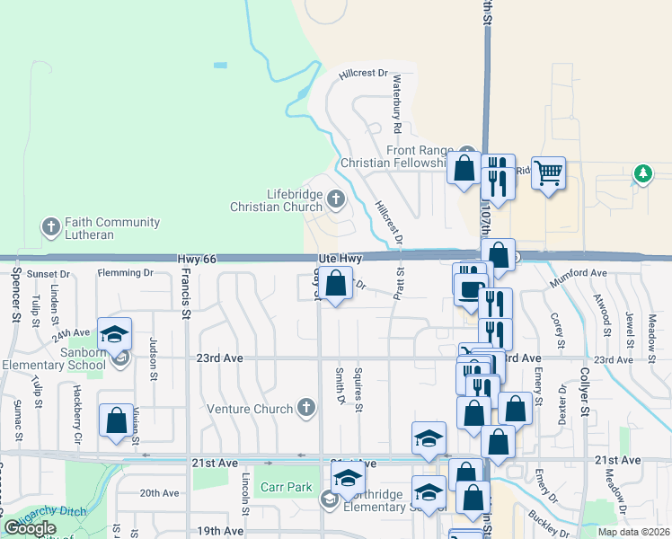 map of restaurants, bars, coffee shops, grocery stores, and more near 1212 Parker Drive in Longmont
