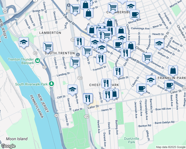 map of restaurants, bars, coffee shops, grocery stores, and more near 122 Jersey Street in Trenton
