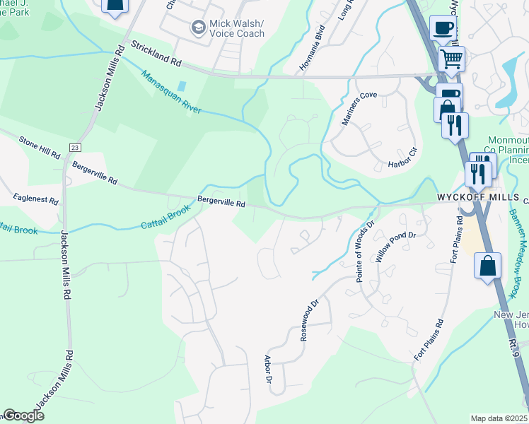map of restaurants, bars, coffee shops, grocery stores, and more near 55 Bergerville Road in Freehold