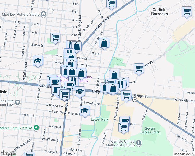map of restaurants, bars, coffee shops, grocery stores, and more near 111 North East Street in Carlisle
