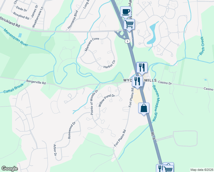 map of restaurants, bars, coffee shops, grocery stores, and more near 351 Sequoia Court in Howell Township