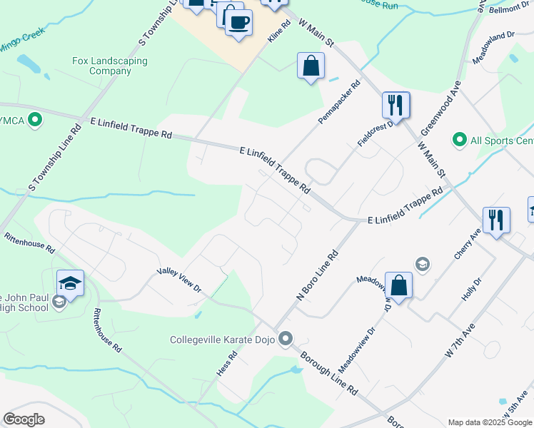 map of restaurants, bars, coffee shops, grocery stores, and more near 361 Ridgewood Drive in Royersford