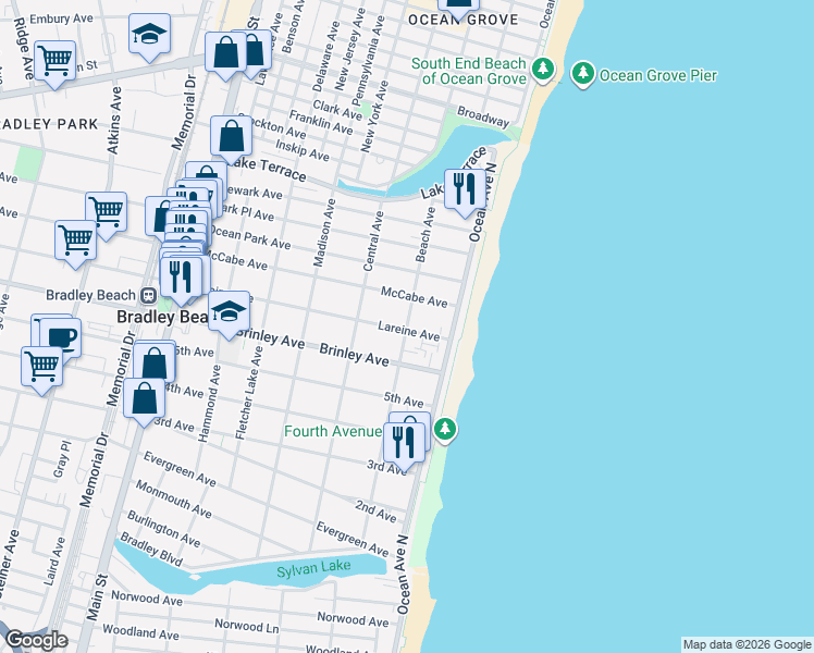 map of restaurants, bars, coffee shops, grocery stores, and more near 702 Beach Avenue in Bradley Beach