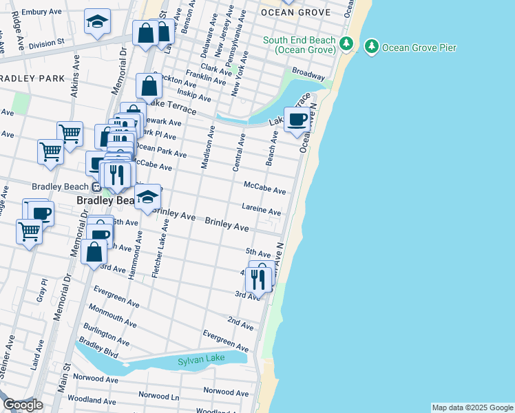 map of restaurants, bars, coffee shops, grocery stores, and more near 702 Beach Avenue in Bradley Beach