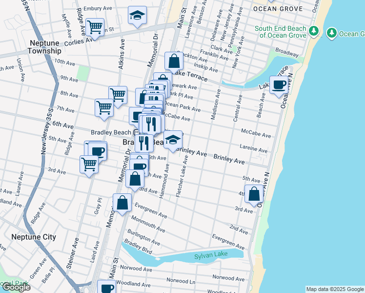 map of restaurants, bars, coffee shops, grocery stores, and more near 605 1/2 Fletcher Lake Avenue in Bradley Beach