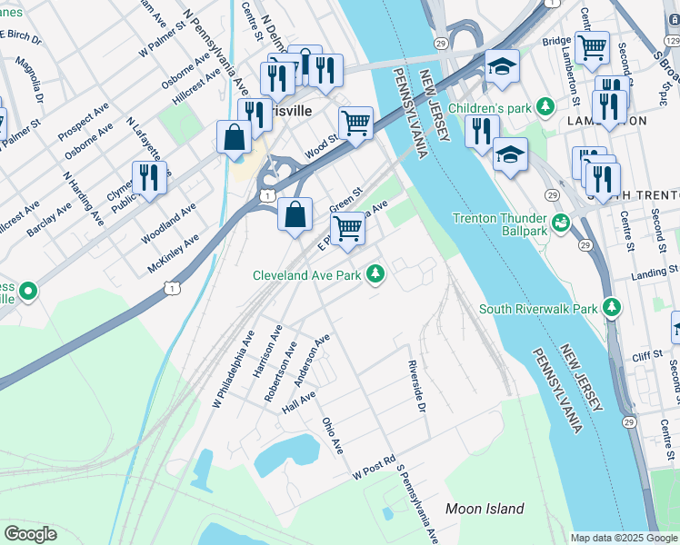map of restaurants, bars, coffee shops, grocery stores, and more near 44 Delaware Avenue in Morrisville
