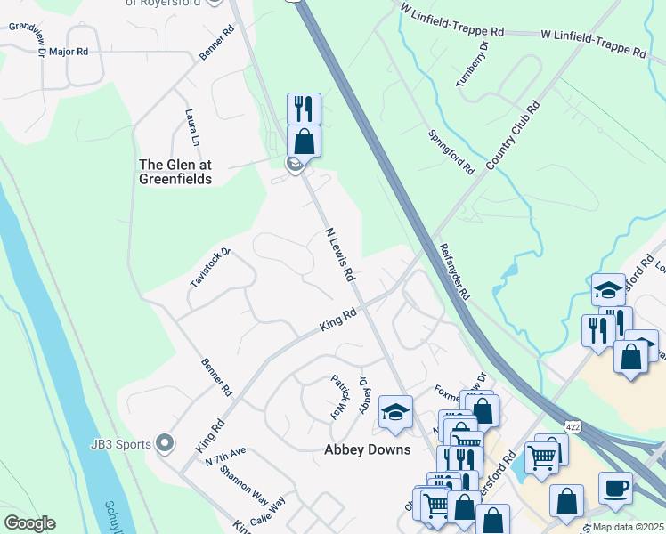 map of restaurants, bars, coffee shops, grocery stores, and more near 407 North Lewis Road in Royersford