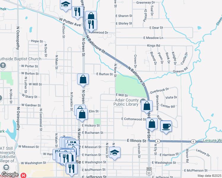 map of restaurants, bars, coffee shops, grocery stores, and more near 601-699 Windsong Dr in Kirksville