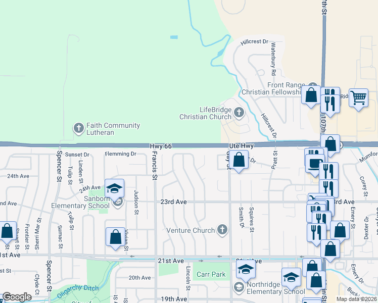 map of restaurants, bars, coffee shops, grocery stores, and more near 2442 Sunrise Drive in Longmont