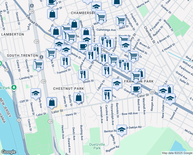 map of restaurants, bars, coffee shops, grocery stores, and more near 507 Grand Street in Trenton
