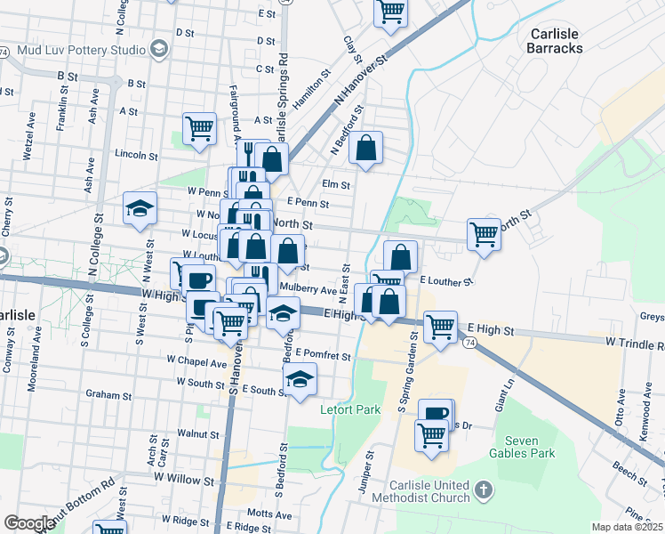 map of restaurants, bars, coffee shops, grocery stores, and more near 159 East Louther Street in Carlisle