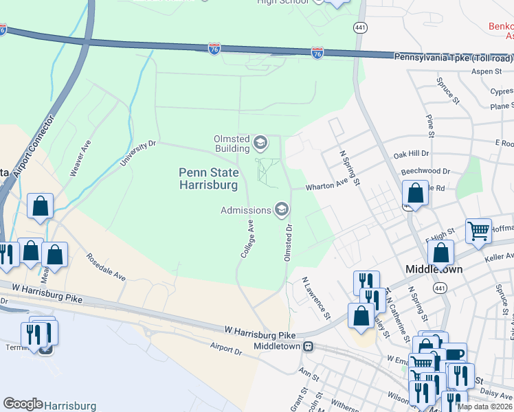 map of restaurants, bars, coffee shops, grocery stores, and more near College Avenue in Dauphin County
