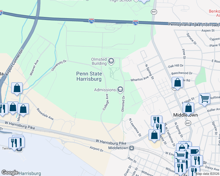 map of restaurants, bars, coffee shops, grocery stores, and more near College Avenue in Dauphin County