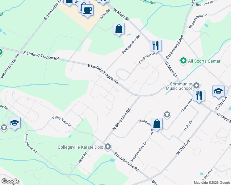 map of restaurants, bars, coffee shops, grocery stores, and more near 199 Spring lane in Royersford