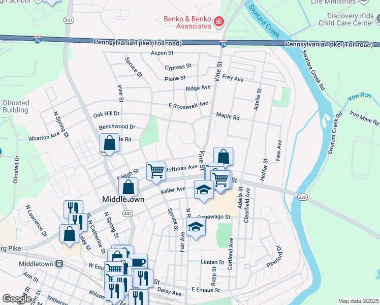 map of restaurants, bars, coffee shops, grocery stores, and more near 347 East High Street in Middletown
