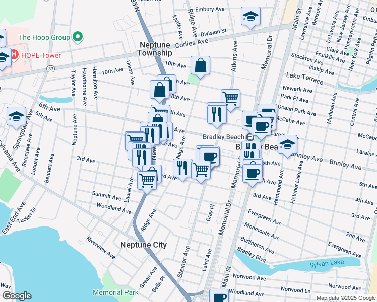 map of restaurants, bars, coffee shops, grocery stores, and more near 47 5th Avenue in Neptune City